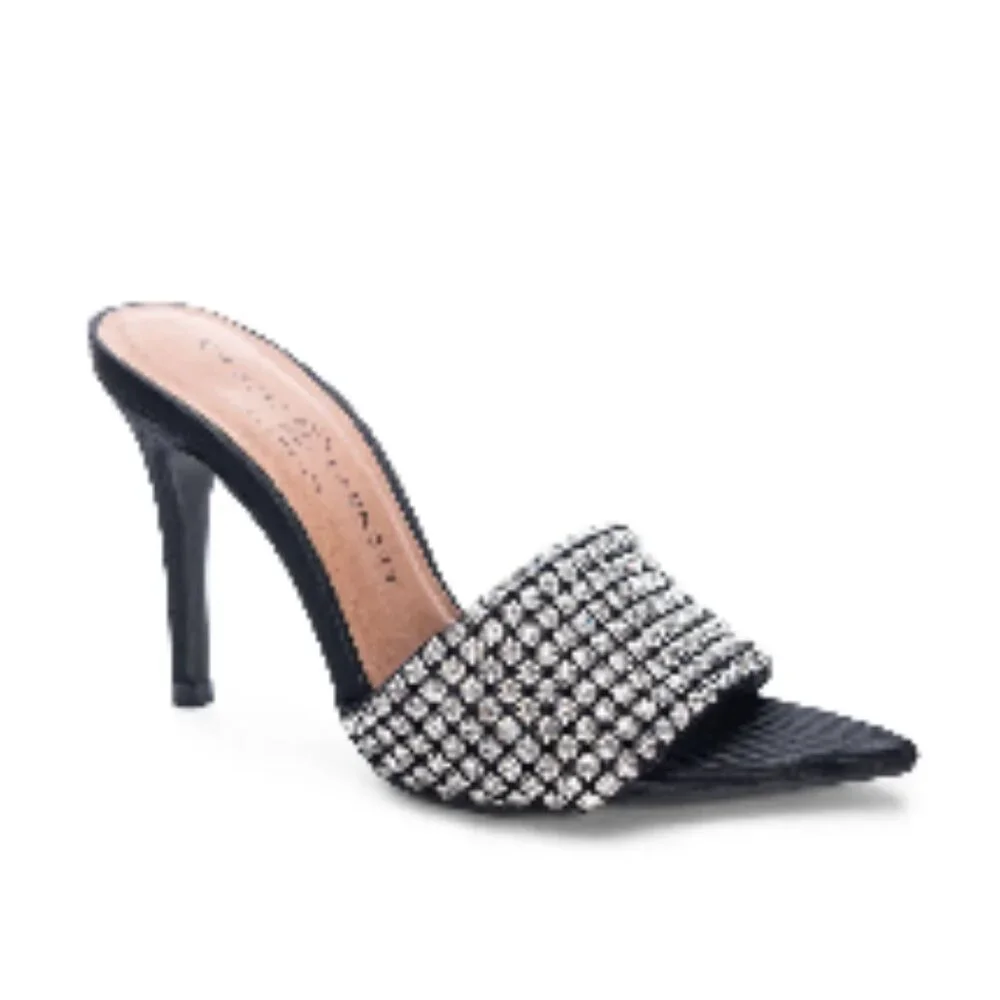 Chinese Laundry Black Heeled Mules with Silver Crystal Strap